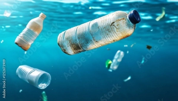 Fototapeta Plastic waste floating in the ocean with bottles and containers