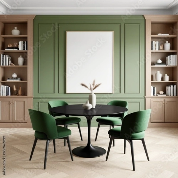 Fototapeta "Modern dining area with a minimalist aesthetic, featuring a round black table with four green upholstered chairs. The room has an elegant green accent wall with paneling, a large blank picture frame,