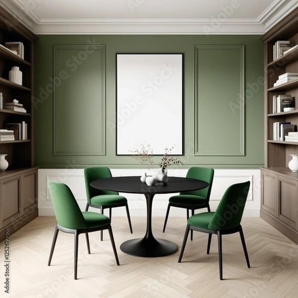 Fototapeta "Modern dining area with a minimalist aesthetic, featuring a round black table with four green upholstered chairs. The room has an elegant green accent wall with paneling, a large blank picture frame,