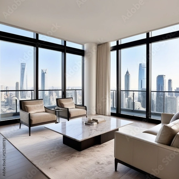 Fototapeta "Modern dining area with a minimalist aesthetic, featuring a round black table with four green upholstered chairs. The room has an elegant green accent wall with paneling, a large blank picture frame,