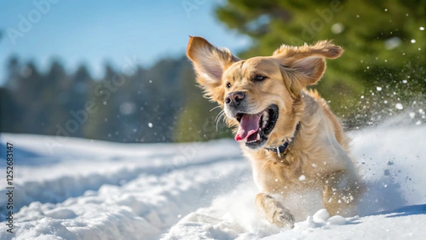 Fototapeta Golden Retriever Running Through Deep Snow in Winter Landscape, Playful Action Shot with Flying Snow and Pine Trees Background  
