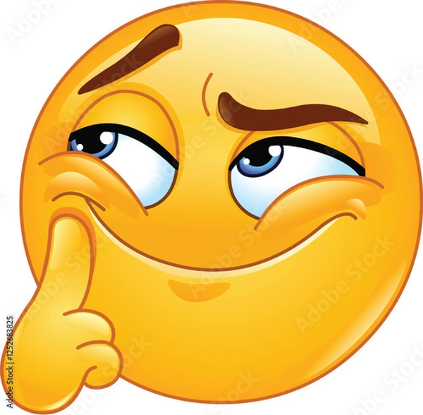 Fototapeta Emoji Emoticon with a Sly Smirk, Raised Eyebrows, and a Finger Resting on Its Cheek, Exuding Mischief, Playful Scheming or Thinking