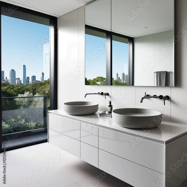 Fototapeta "Modern minimalist bathroom interior with a sleek white double vanity, round vessel sinks, and wall-mounted faucets. Large mirror reflecting natural light from floor-to-ceiling windows with a city sky