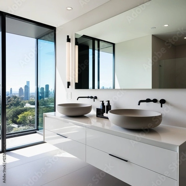 Fototapeta "Modern minimalist bathroom interior with a sleek white double vanity, round vessel sinks, and wall-mounted faucets. Large mirror reflecting natural light from floor-to-ceiling windows with a city sky