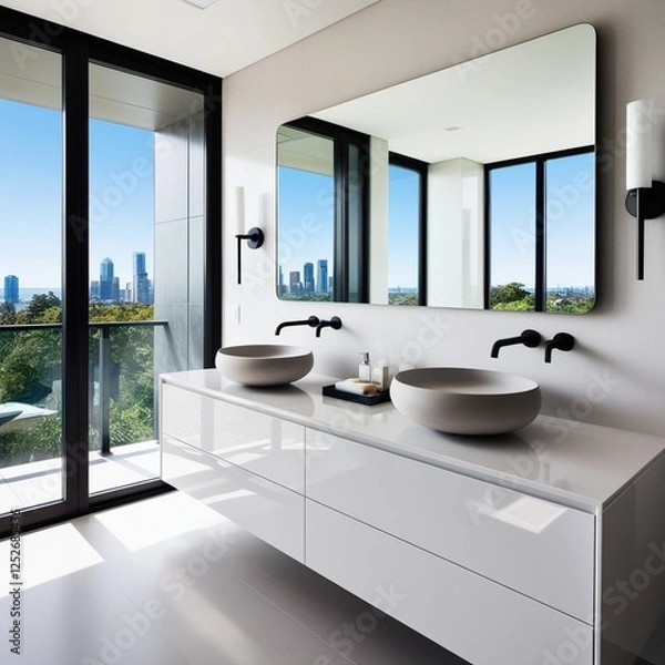 Fototapeta "Modern minimalist bathroom interior with a sleek white double vanity, round vessel sinks, and wall-mounted faucets. Large mirror reflecting natural light from floor-to-ceiling windows with a city sky