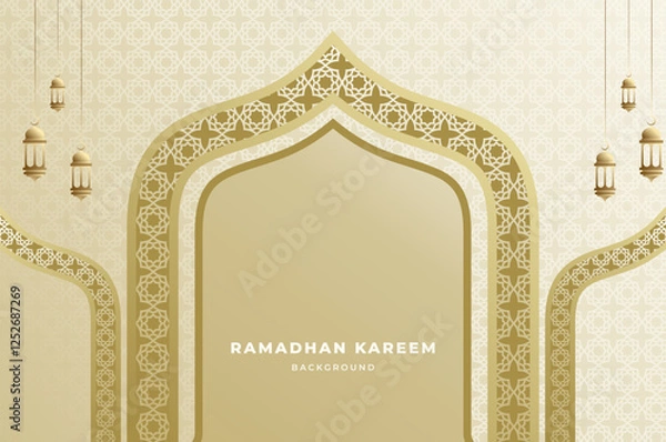 Fototapeta Elegant Islamic ornament and background with lantern, arabic dome and pattern in luxury gold color. Ramadan kareem, eid mubarak, and festival concept.