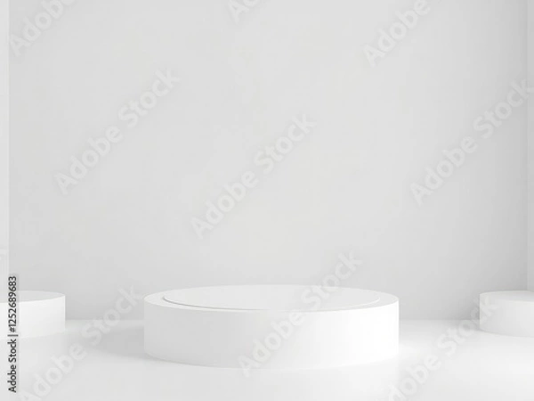 Fototapeta Minimalist white podium against a backdrop of plain grey walls, with no added props or accessories, podium, simple