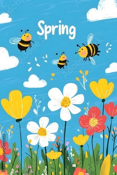 Obraz Playful Spring Scene with Cartoon Flowers, Buzzing Bees, and a Cheerful Blue Sky