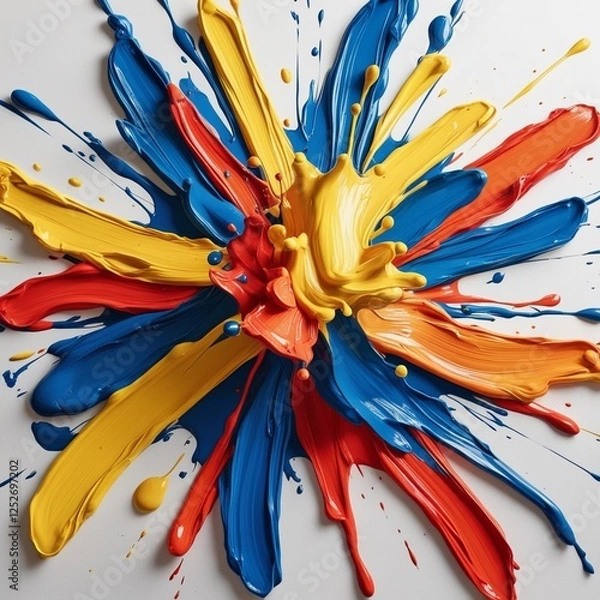 Fototapeta "Vibrant abstract paint splash explosion on a white background. Thick, textured strokes of colorful acrylic paint in shades of blue, yellow, red, and orange, creating a dynamic and artistic compositio