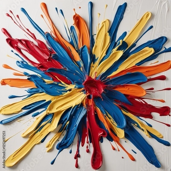 Fototapeta "Vibrant abstract paint splash explosion on a white background. Thick, textured strokes of colorful acrylic paint in shades of blue, yellow, red, and orange, creating a dynamic and artistic compositio