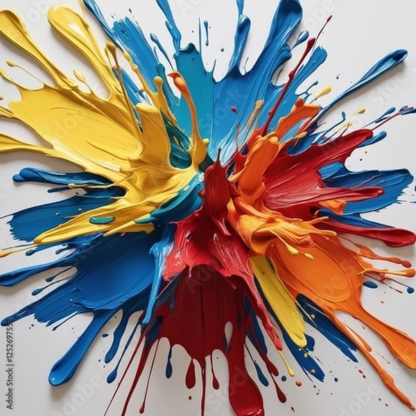 Fototapeta "Vibrant abstract paint splash explosion on a white background. Thick, textured strokes of colorful acrylic paint in shades of blue, yellow, red, and orange, creating a dynamic and artistic compositio