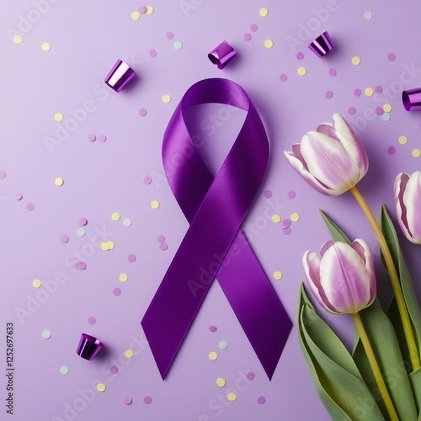 Fototapeta "Purple awareness ribbon with fresh tulips and delicate flowers on a pastel lavender background. Scattered confetti elements add a celebratory touch. Symbolizing hope, support, and awareness for cause