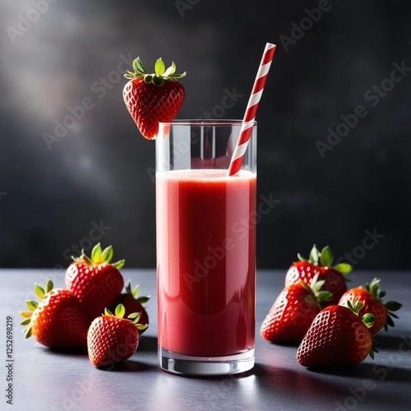 Fototapeta "Refreshing strawberry juice in a tall glass with a red-and-white striped straw, garnished with a fresh strawberry. Surrounded by ripe strawberries on a dark moody background with soft lighting. Perfe