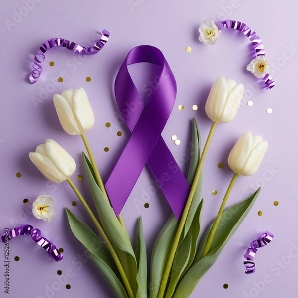 Fototapeta "Purple awareness ribbon with fresh tulips and delicate flowers on a pastel lavender background. Scattered confetti elements add a celebratory touch. Symbolizing hope, support, and awareness for cause