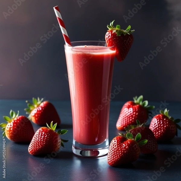 Fototapeta "Refreshing strawberry juice in a tall glass with a red-and-white striped straw, garnished with a fresh strawberry. Surrounded by ripe strawberries on a dark moody background with soft lighting. Perfe