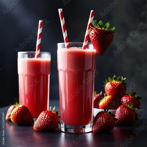 Fototapeta "Refreshing strawberry juice in a tall glass with a red-and-white striped straw, garnished with a fresh strawberry. Surrounded by ripe strawberries on a dark moody background with soft lighting. Perfe