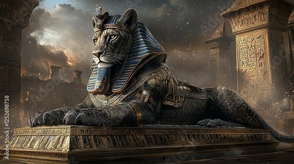 Fototapeta Majestic lion statue adorned in ancient Egyptian regalia exudes power and mystery in a mystical setting.