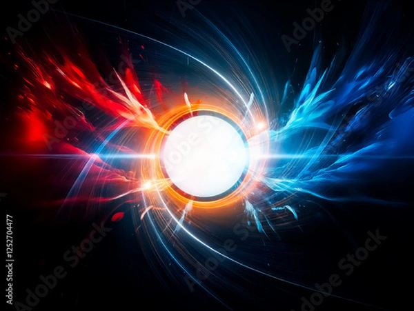 Fototapeta Vivid abstract art featuring a bright central orb radiating fiery red and cool blue energy streams on a black backdrop. A sense of intense power and contrast.