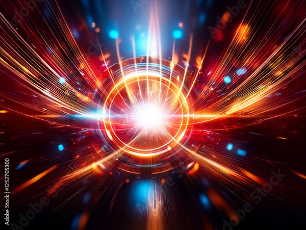Fototapeta Abstract digital art depicting a futuristic portal.  Glowing orange and blue light streaks radiate from a central ring, creating a sense of speed and energy.