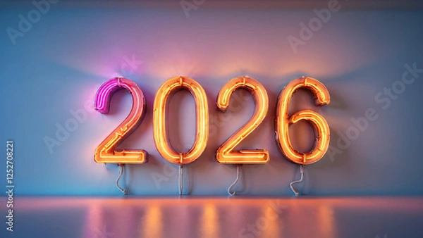 Fototapeta 2026 happy new year neon sign on the wall.

