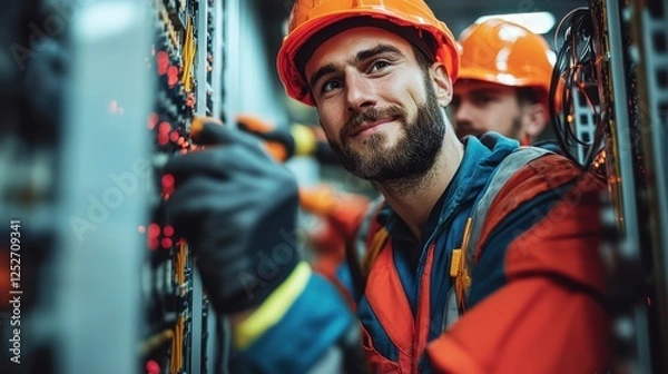 Fototapeta Skilled technicians work on electrical panels in a modern facility during late afternoon hours in a busy urban area