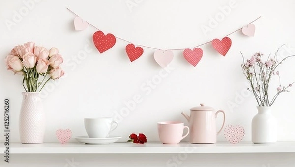 Fototapeta Decorate Shelf with Roses, Tea Set, and Heart Garland for Romantic Ambiance.