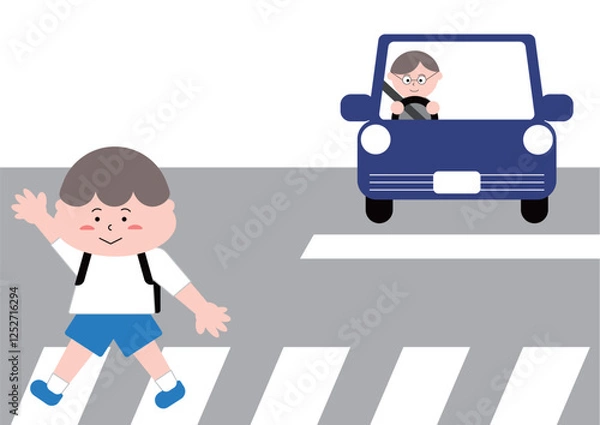 Fototapeta 横断歩道を渡る男の子と一時停止する車