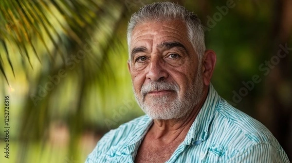 Fototapeta Distinguished senior Mediterranean man in tropical setting. Ideal for retirement lifestyle, travel experiences, and wisdom narratives.