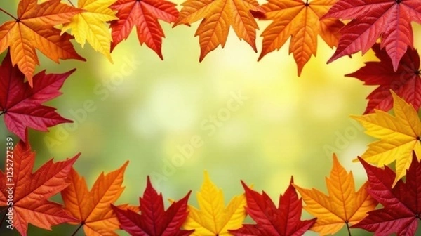 Obraz Vibrant Autumn Foliage Frame A Picturesque Border of Red, Orange, and Yellow Maple Leaves Against a Soft, Blurred Background, Ideal for Seasonal Designs and Fall-Themed Projects