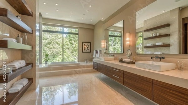 Fototapeta Luxurious modern bathroom with large windows and elegant fixtures in a serene nature setting