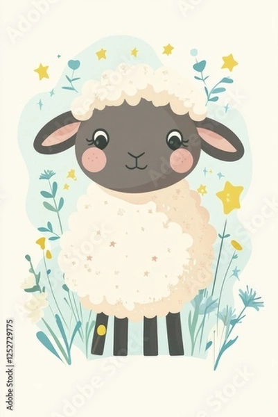 Fototapeta A charming and colorful illustration of a friendly sheep standing in a field, perfect for children's books or educational materials.