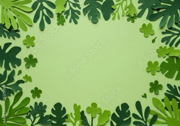 Fototapeta A frame made of green leaves arranged symmetrically on a light green background, with small green flowers adding elegance.

