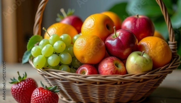 Fototapeta A basket of fruit including apples, oranges, bananas, and strawberries. The basket is on a table and the fruit is fresh and colorful