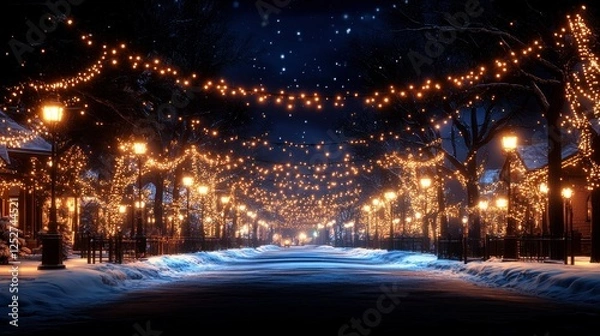Fototapeta Magical Winter Night Street Scene: A Snowy Street Adorned with Festive Lights