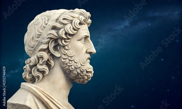Fototapeta A classical Greek-style marble bust of a bearded man, isolated against a starry night sky. The contrast between ancient art and cosmic space creates a surreal visual.