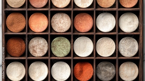 Fototapeta Assorted Natural Clay Discs in Wooden Grid Display Showcasing Earthy Textures and Colors