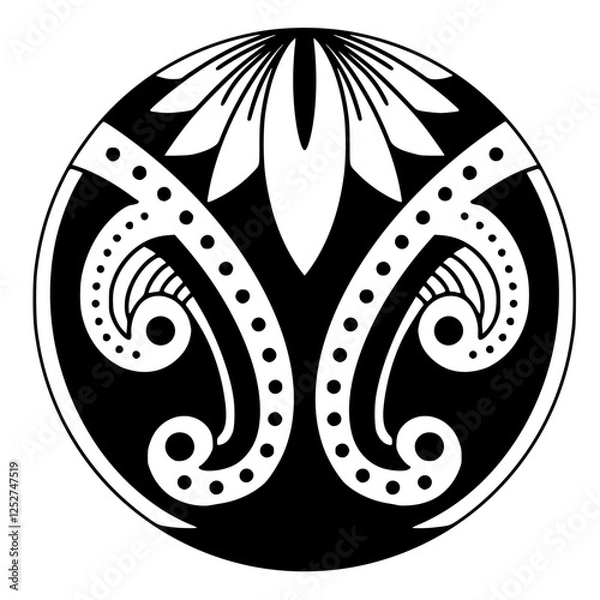 Fototapeta Polynesian sun face maori tattoo style.  Pattern aboriginal samoan. Black and white texture, isolated vector.