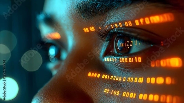 Fototapeta Close up view of a hacker s eye reflecting the scrolling digital numbers and code symbolizing the concept of cybersecurity data processing and advanced digital technology