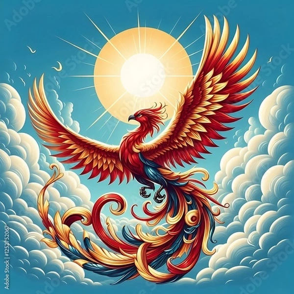 Obraz Stunning Digital Artwork of a Phoenix Bird Flying into the Sun
