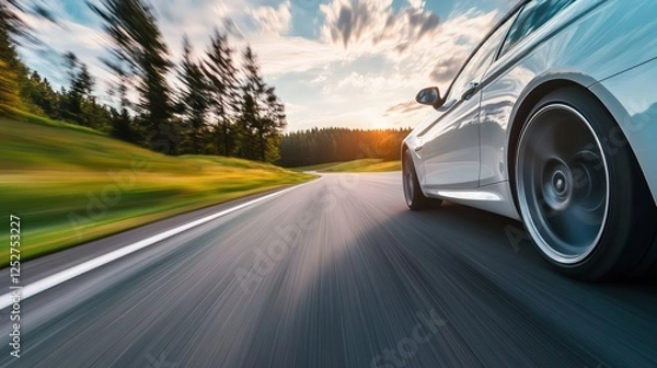 Fototapeta Fast Car Driving on a Scenic Road at Sunset