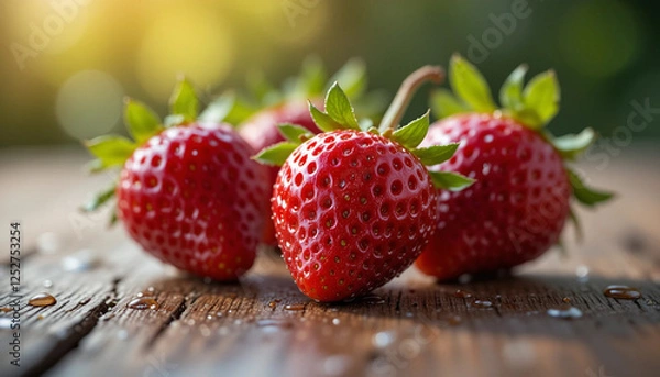 Obraz Bold, juicy strawberry with water droplets on it lies on a wooden table in the sun.