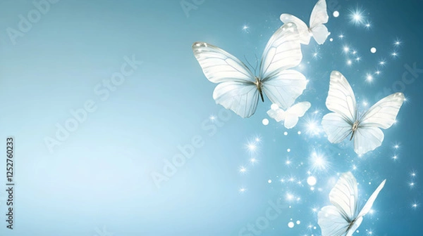 Fototapeta A dreamy light blue background with ethereal white butterflies and sparkling light effects, creating a magical ambiance.
