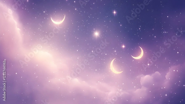 Fototapeta A luminous night sky background with glowing crescent moons and sparkling stars against a light purple and pink hue.
