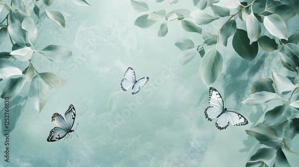 Fototapeta A serene, soft blue-green background with delicate leaves and flying white butterflies.
