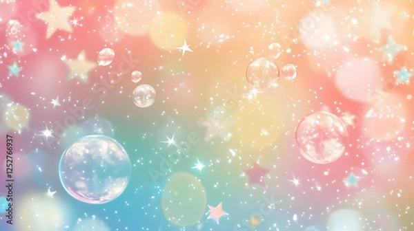 Fototapeta A vibrant, dreamy background with soft pastel colors, glowing bokeh, and floating bubbles and sparkles.
