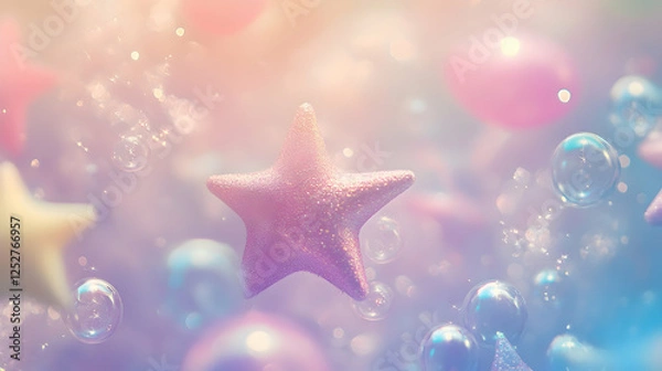 Fototapeta A soft, blurry background with a prominent pastel pink star and various blurred shapes and lights.
