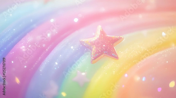 Fototapeta A bright, soft rainbow background with a large 3D-rendered pastel pink star at its center.
