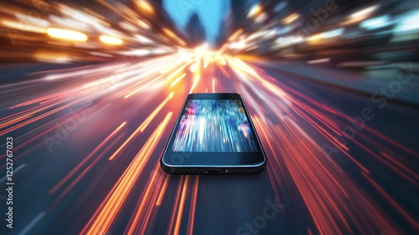 Obraz Mobile site speed optimization isometric landing page. Smartphone and computer desktop with speedometer on screen. Internet page quick traffic loading, engine plugin test 3d vector line art web banner
