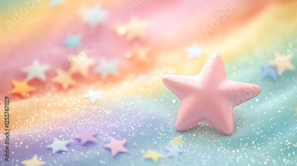 Fototapeta A vibrant, glittery rainbow background with a prominent pink star and scattered star shapes.

