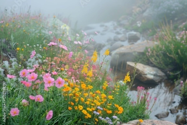 Fototapeta Colorful Flowers Bloom in a Misty Wilderness by a Gentle Stream at Dawn, Creating a Serene and Enchanting Atmosphere in a Vibrant Landscape